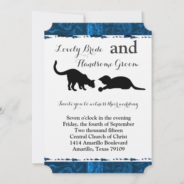 Invitación a la boda azul moderna de gatos jugueto (Anverso)