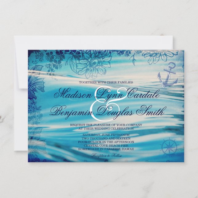 Invitación a la Boda Azul Oceánica Temática de Pla (Anverso)