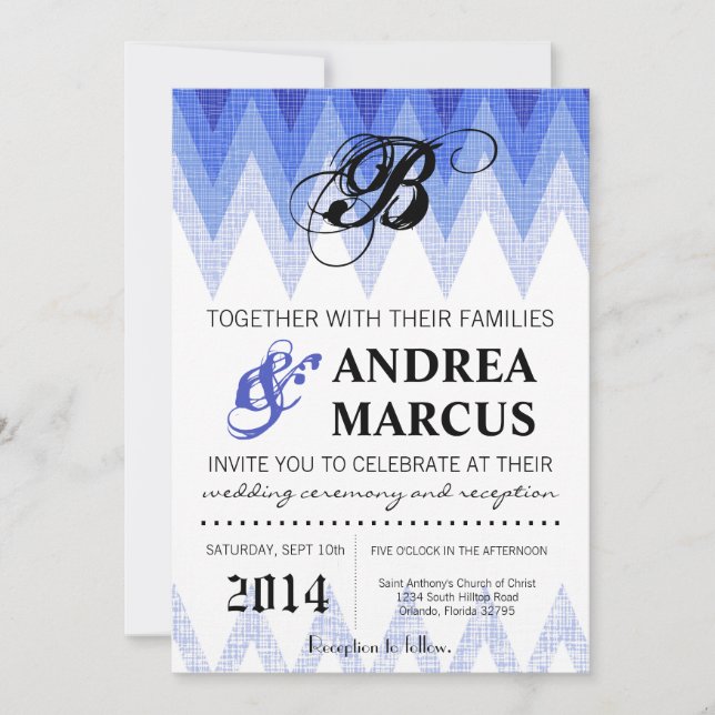 Invitación a la Boda Azul Ombre Chevron 5x7 (Anverso)