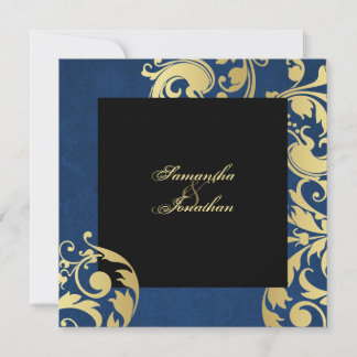 Invitación a la boda Azul Oro Negro Bonito Floral