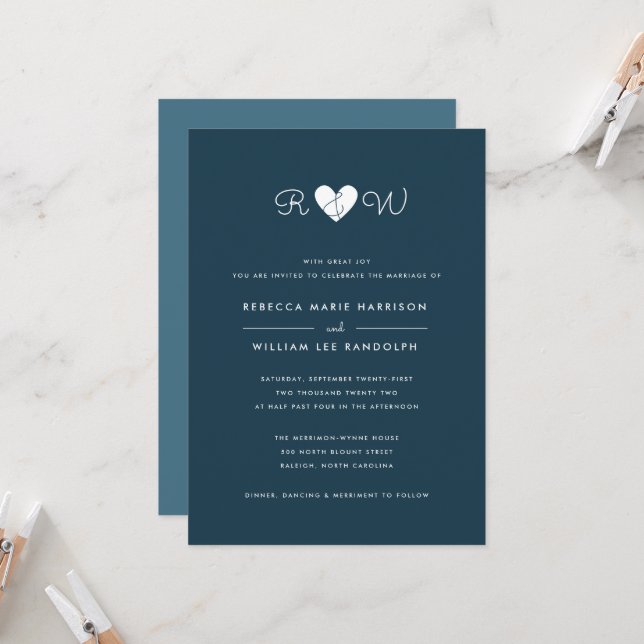 Invitación a la Boda Azul Oscuro (Anverso/Reverso In Situ)