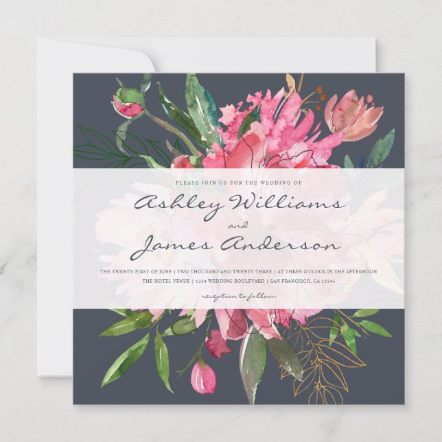 Invitación a la Boda Azul Oscuro con Flora Rosa de (Anverso)