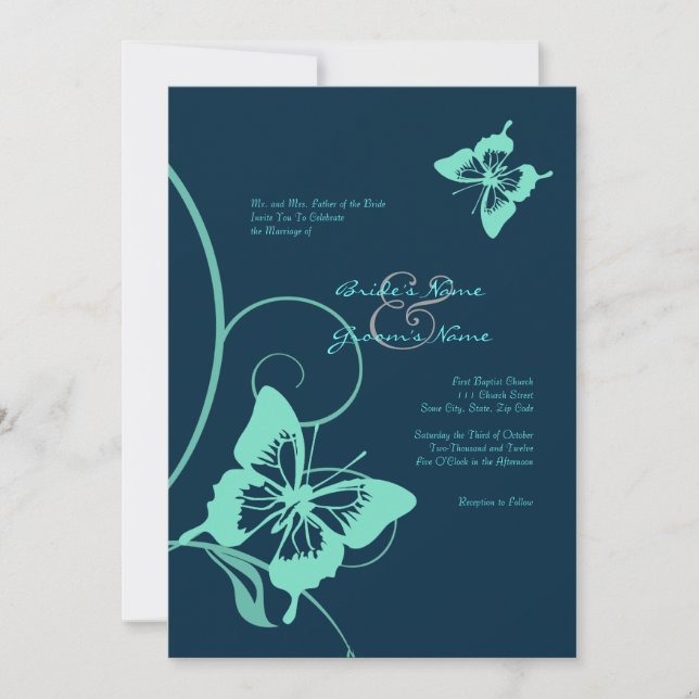 Invitación a la boda azul oscuro y mariposa Verde  (Anverso)