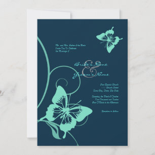 Invitación a la boda azul oscuro y mariposa Verde