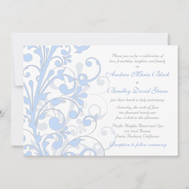 Invitación a la boda azul pálido, gris y blanca (Anverso)