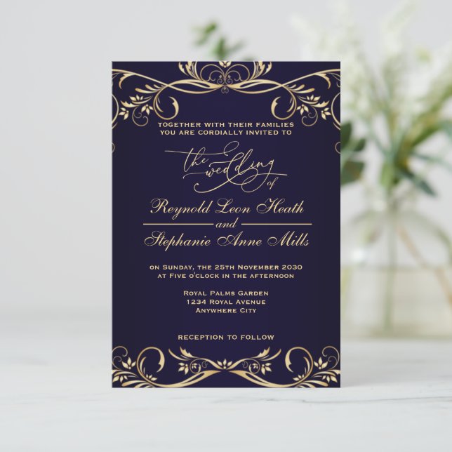 Invitación a la boda azul real (Anverso de pie)