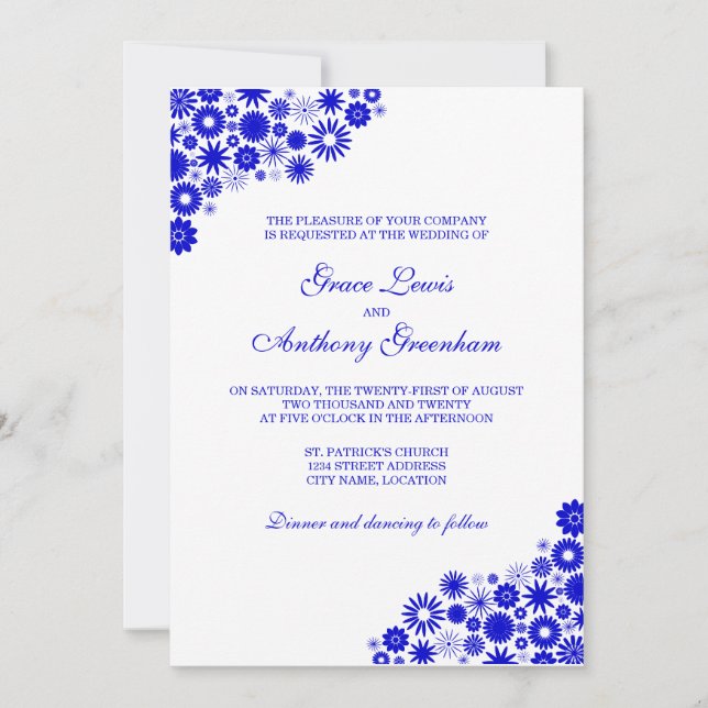 Invitación a la Boda Azul Real de bonito Florals (Anverso)