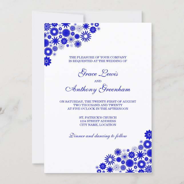 Invitación a la Boda Azul Real de bonito Florals (Anverso)