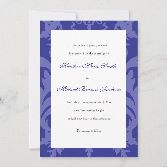Invitación a la boda azul real de Damask simple (Anverso)
