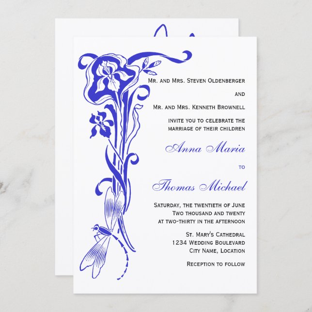 Invitación a la Boda Azul Real Iris y Dragonfly (Anverso / Reverso)