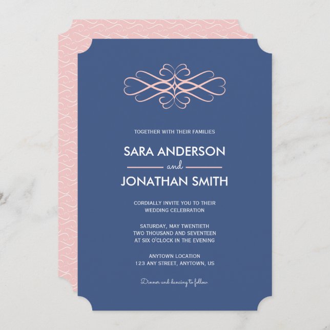 Invitación a la boda azul rosa claro y oscuro (Anverso / Reverso)