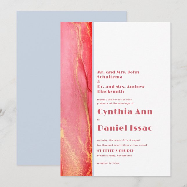 Invitación a la Boda Azul Rosa Pastel Moderno (Anverso / Reverso)