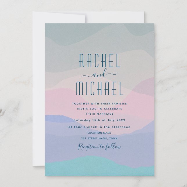 Invitación a la Boda Azul Rosa y Pastel minimalist (Anverso)