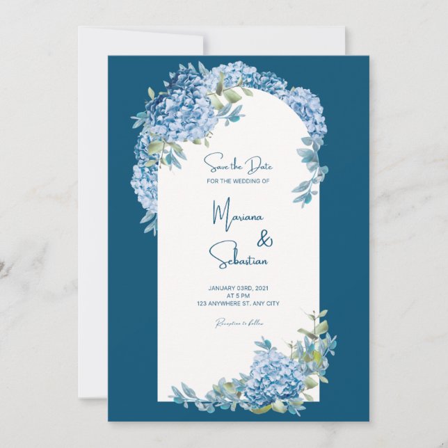 Invitación a la boda azul simple y elegante (Anverso)