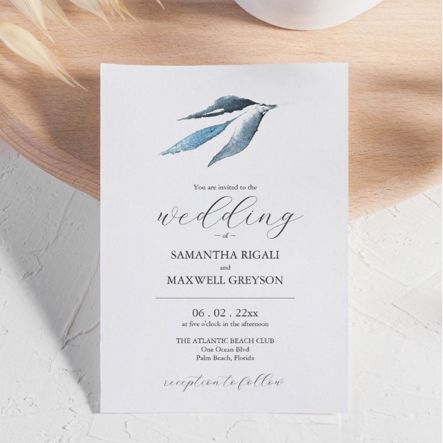 Invitación a la boda azul turbia de hoja mínima (Minimal Leaf Dusty Blue Wedding Invitation watercolor art by Victoria Grigaliunas of Do Tell A Belle)