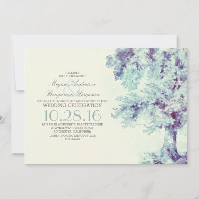 Invitación a la boda azul turbia del árbol (Anverso)