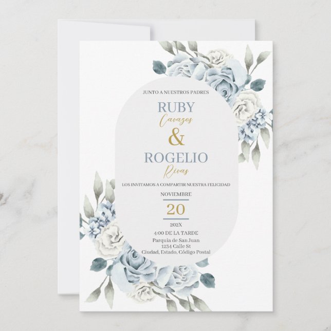 Invitación a la boda azul turbia en español (Anverso)