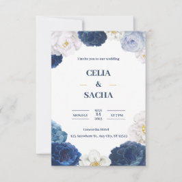Invitación a la boda azul y beige de la Marina mod