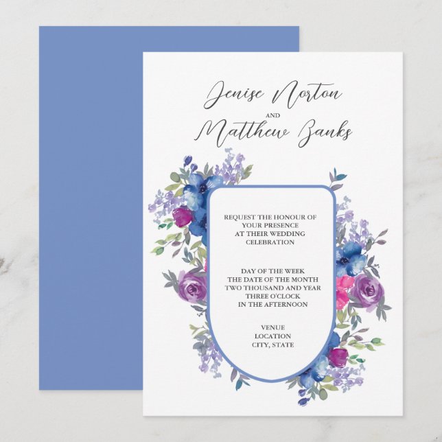 Invitación a la boda azul y blanca con flor de maí (Anverso / Reverso)