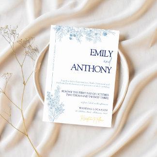 Invitación a la boda azul y blanca floral