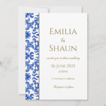 Invitación a la boda azul y blanca italiana