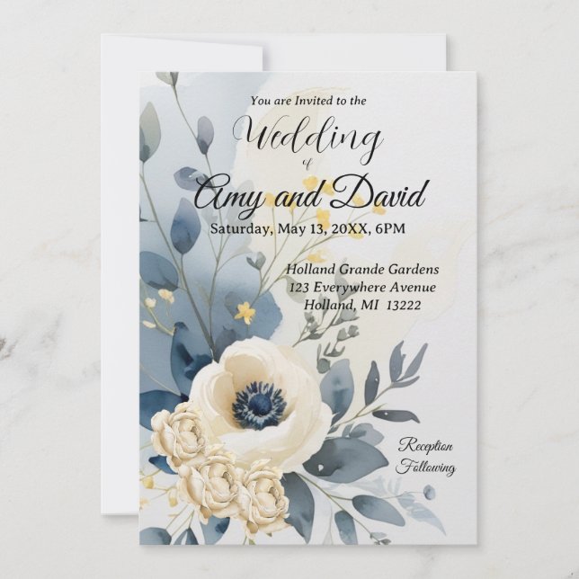 Invitación a la boda azul y crema con polvo (Anverso)