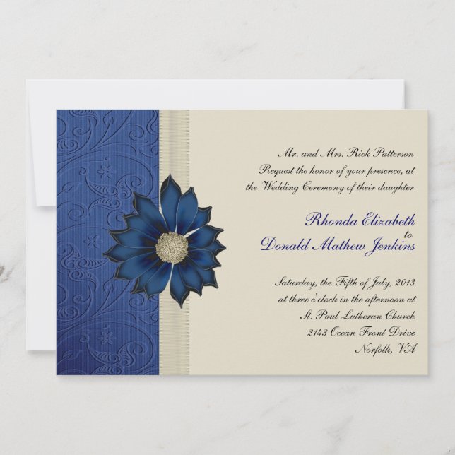 Invitación a la boda azul y crema de Bonito (Anverso)