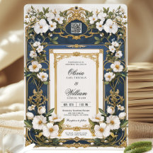 Invitación a la Boda Azul y Dorada de la Marina Fl
