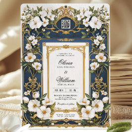 Invitación a la Boda Azul y Dorada de la Marina Fl