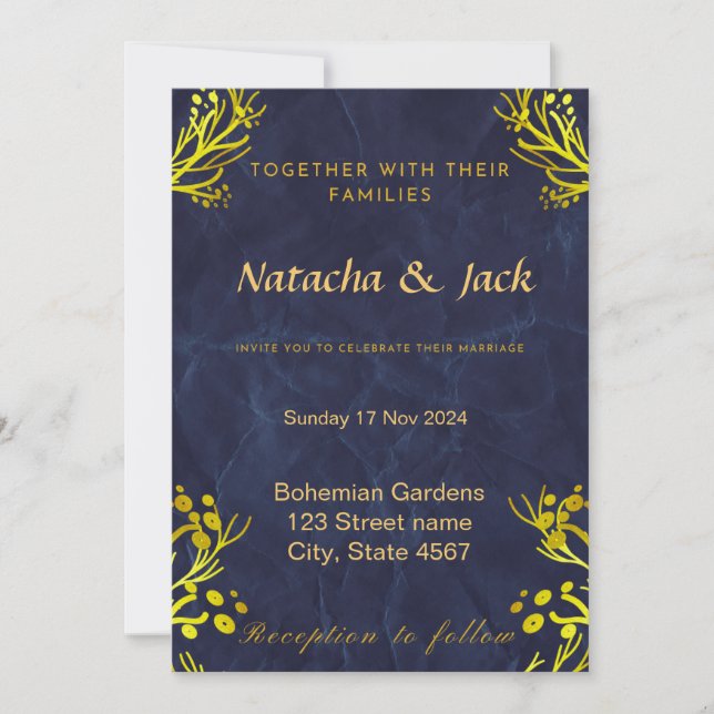Invitación a la Boda Azul y Dorada de personalizab (Anverso)