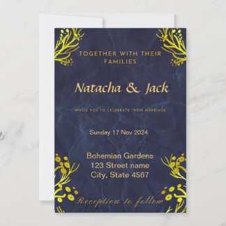 Invitación a la Boda Azul y Dorada de personalizab