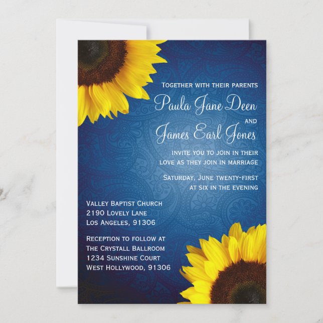 Invitación a la boda azul y girasol real (Anverso)