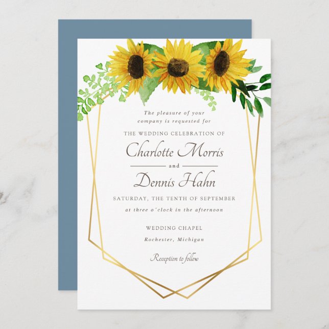 Invitación a la boda azul y girasoles (Anverso / Reverso)