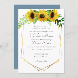 Invitación a la boda azul y girasoles