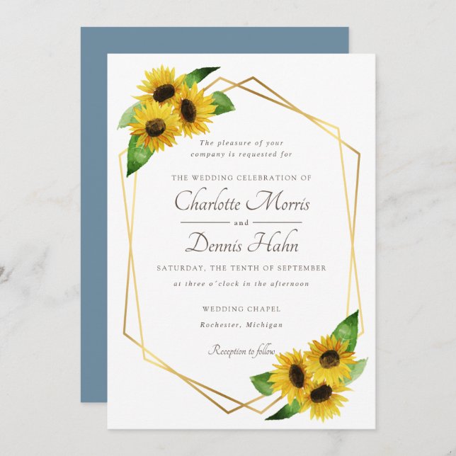 Invitación a la boda azul y girasoles (Anverso / Reverso)
