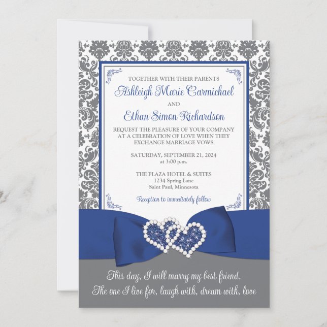Invitación a la boda azul y gris personalizado (Anverso)