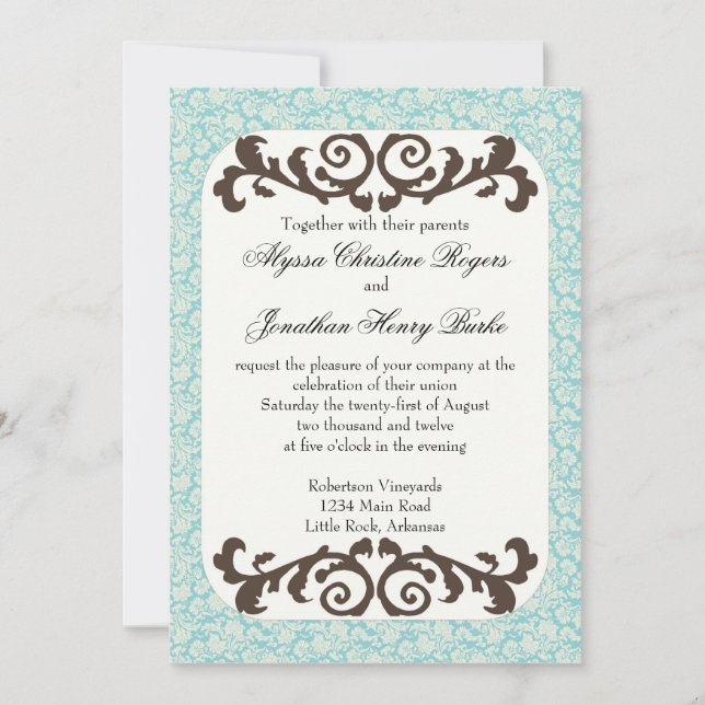 Invitación a la boda azul y marrón (Anverso)