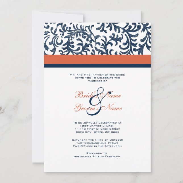 Invitación a la boda azul y Naranja (Anverso)