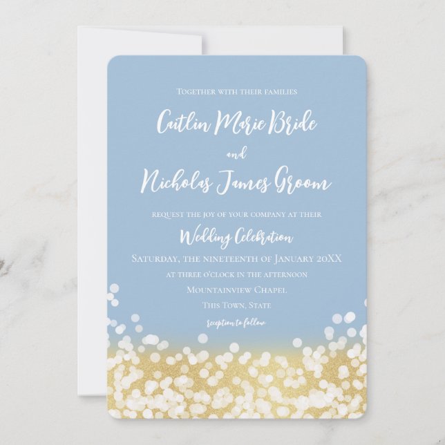 Invitación a la Boda Azul y Oro de Esparkle (Anverso)