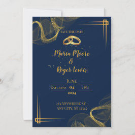 Invitación a la Boda Azul y Oro Moderno
