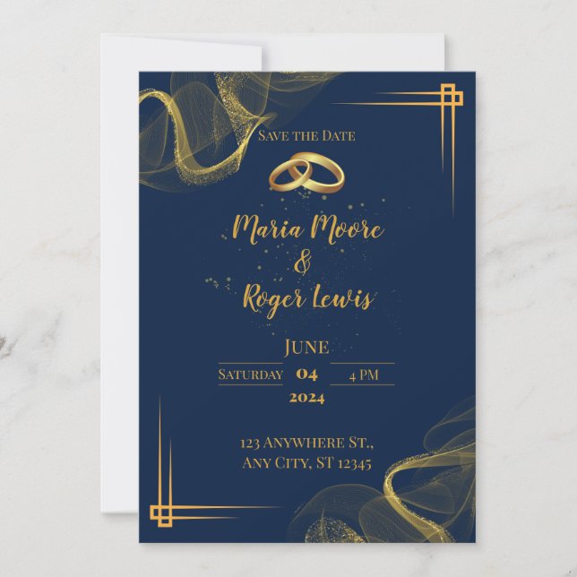 Invitación a la Boda Azul y Oro Moderno (Anverso)