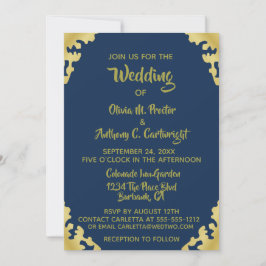 Invitación a la Boda Azul y Oro Moderno