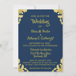 Invitación a la Boda Azul y Oro Moderno