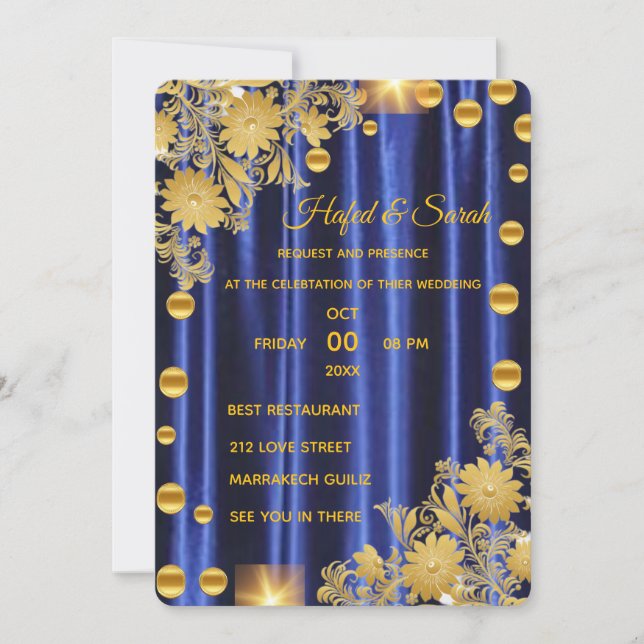 Invitación a la boda Azul y Oro Real, Boda en (Anverso)