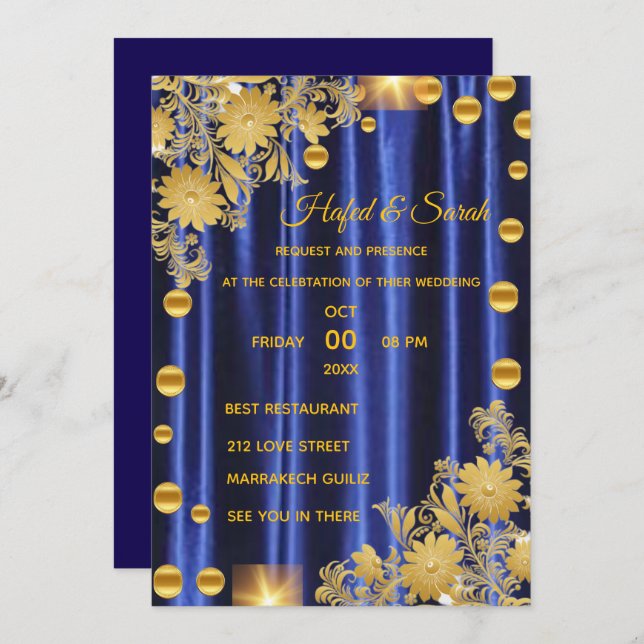 Invitación a la boda Azul y Oro Real, Boda en (Anverso / Reverso)