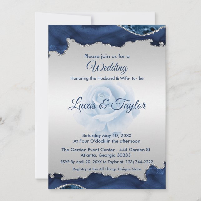 Invitación a la boda azul y plata (Anverso)