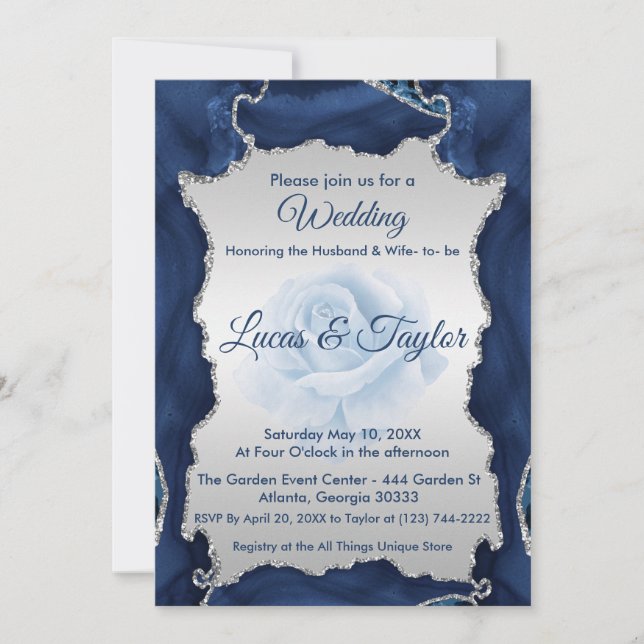 Invitación a la boda azul y plata (Anverso)