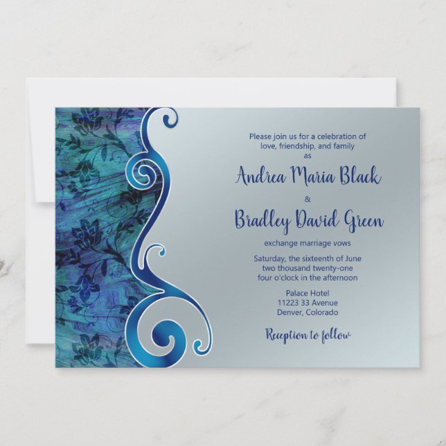 Invitación a la boda azul y plateada de personaliz (Anverso)