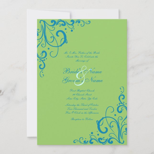 Invitación a la boda azul y verde (Anverso)