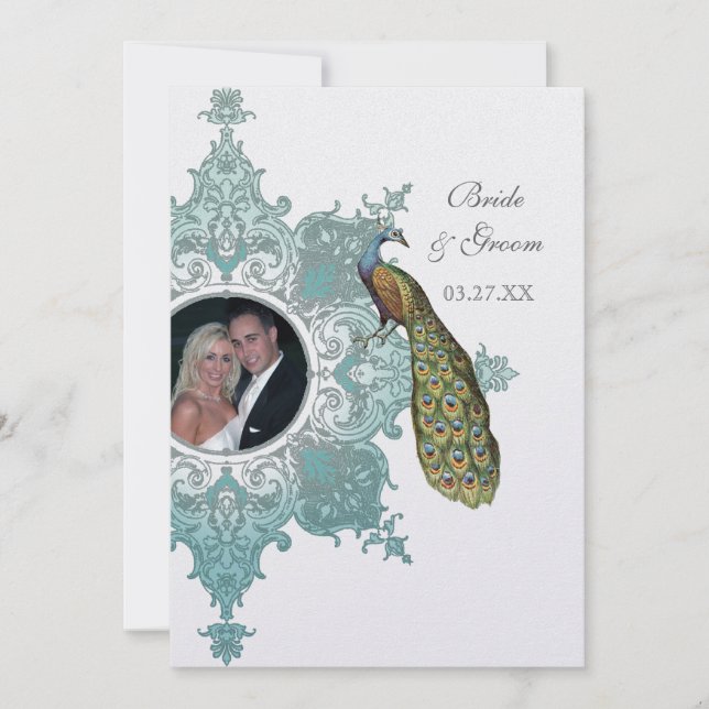 Invitación a la boda barroca de pavo real - Aqua B (Anverso)